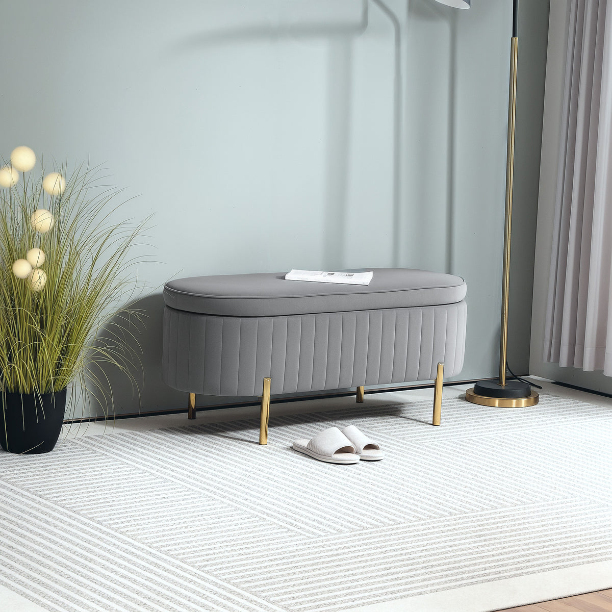 Bench with hinged lid and storage space, fabric upholstery, wood, metal, gray and gold-colored (2)
