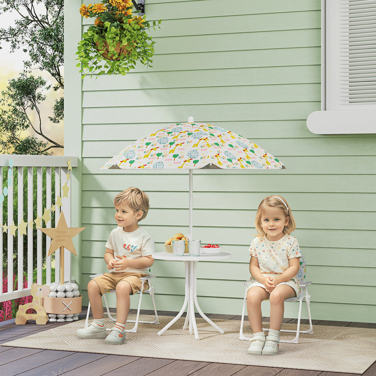 Children's seating area, folding chair set with parasol, colorful pattern, white (2)