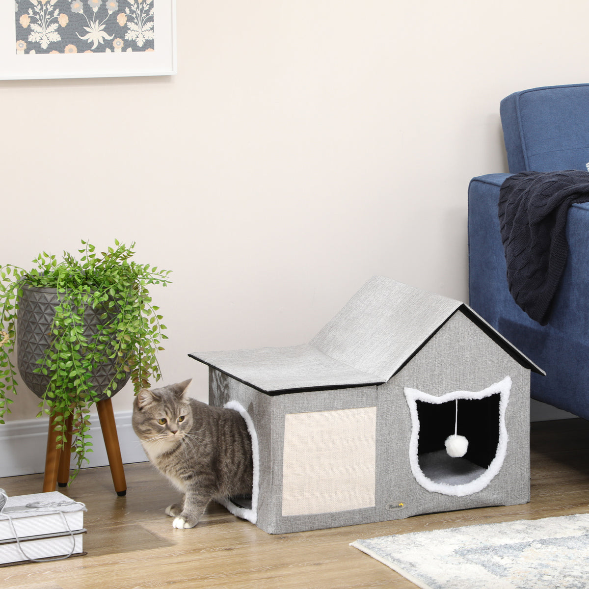 Cat house with scratching surface, incl. toy ball, cat cave, 65 cm x 41 cm x 45.5 cm H, brown + white + beige (2)
