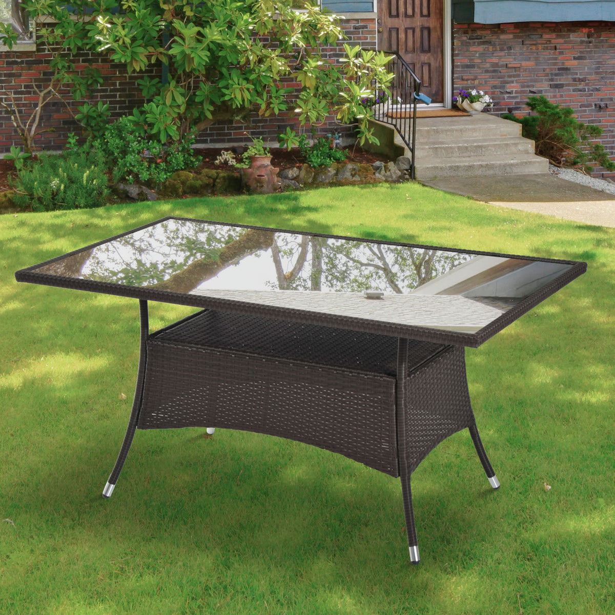 Garden table, glass table, dining table, garden furniture, polyrattan + safety glass, brown + black, 150x85x74cm (2)