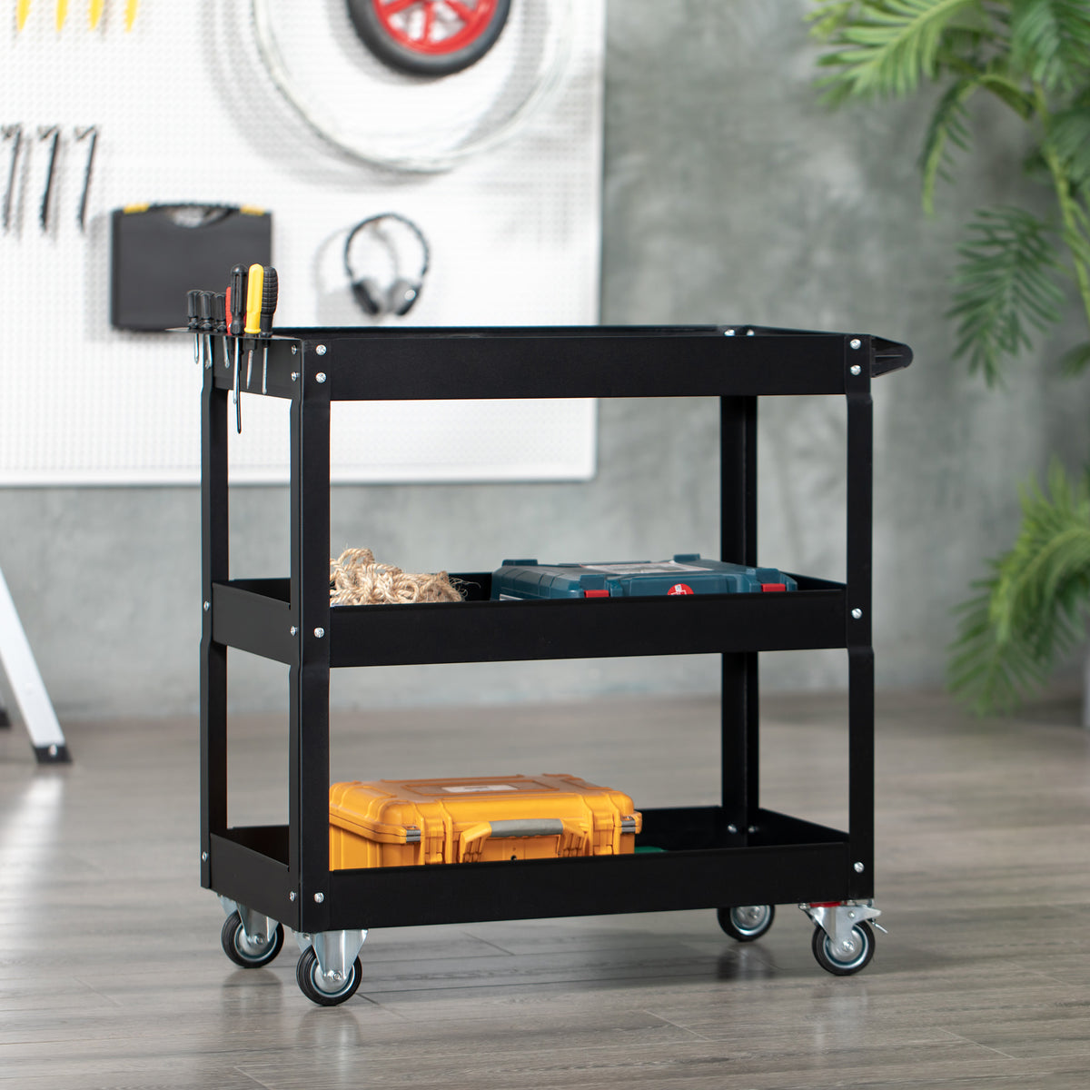 3-tier tool trolley, 4 casters, steel, 83W x 35.3D x 76H cm, black (2)
