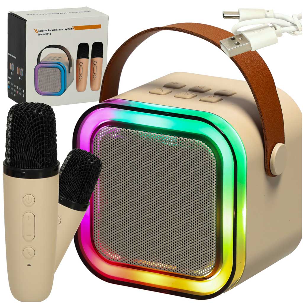 Karaoke-Set 2 Mikrofone + tragbarer Lautsprecher BLUETOOTH USB LED beige