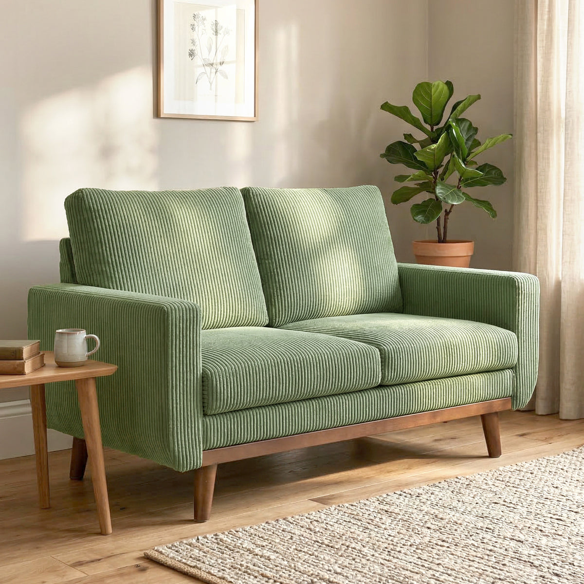 2-seater sofa, 134 cm corduroy sofa with pocket springs, thick backrest, wooden slat accent, green (2)