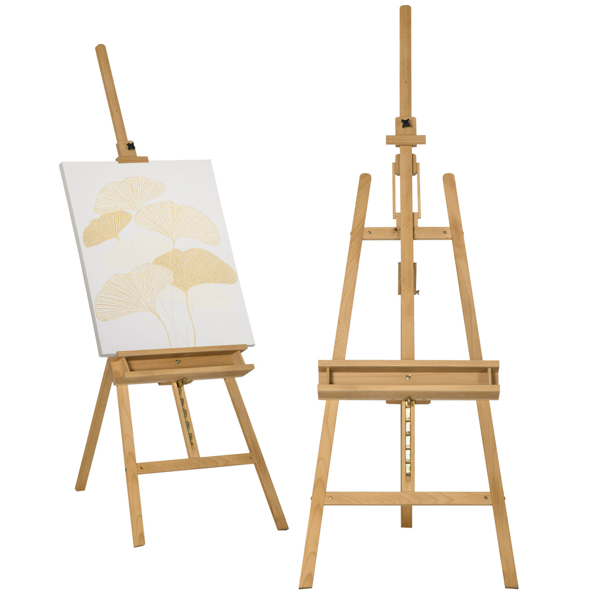 Easel, wooden easel, height-adjustable, foldable, shelf for pens, beech wood, 65 x 110 x 180-235 cm