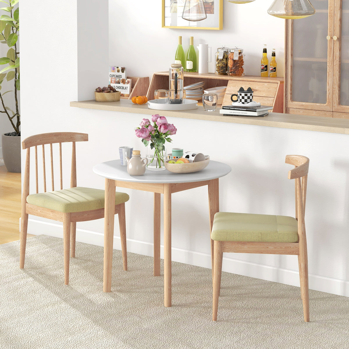 Dining table, kitchen table, round table, Scandi design, 75 cm x 75 cm x 76 cm, white + natural (2)