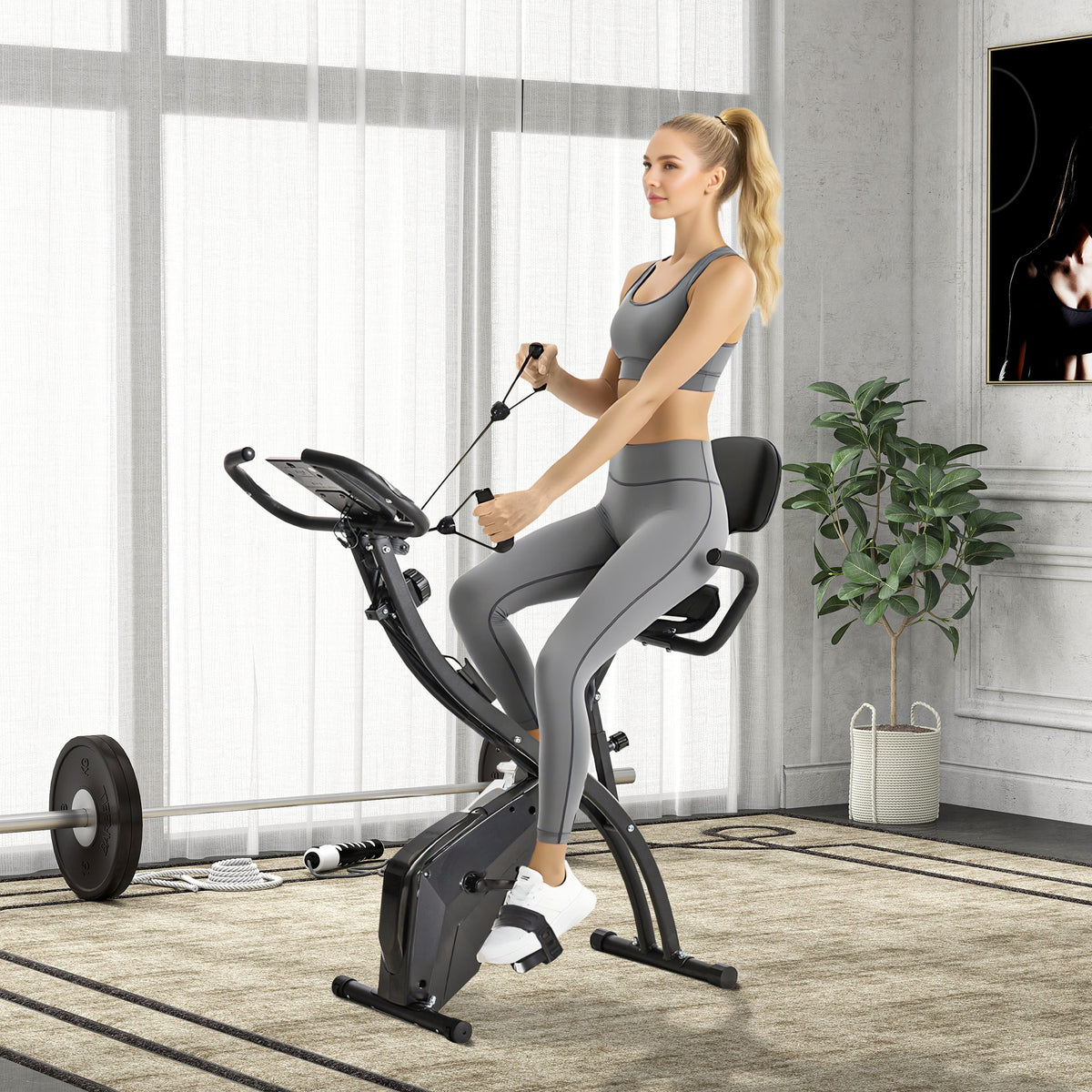 2-in-1 Exercise Bike with LCD Display, Heart Rate Monitor, Adjustable Seat, Wheels, Foldable Stationary Bike (2)