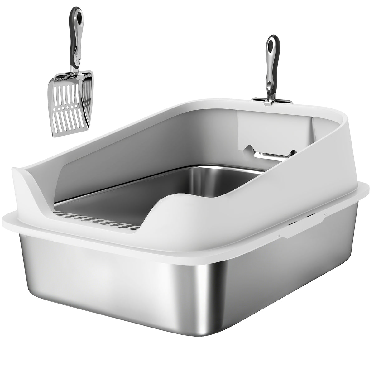 Stainless steel litter box, open cat toilet with scoop and high sides for large cats up to 7 kg, 60.2 x 40.2 x