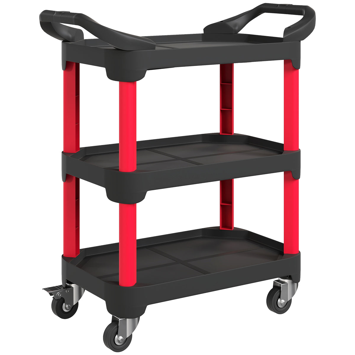 3-tier utility cart, side handles, wheels, plastic, black