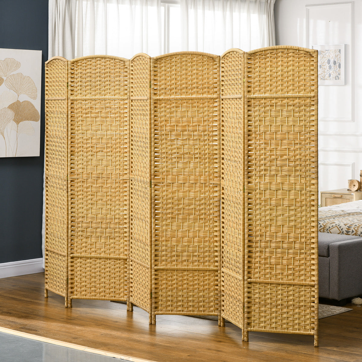 Room divider, 6-panel foldable partition, wicker pattern, pine wood, natural wood (2)