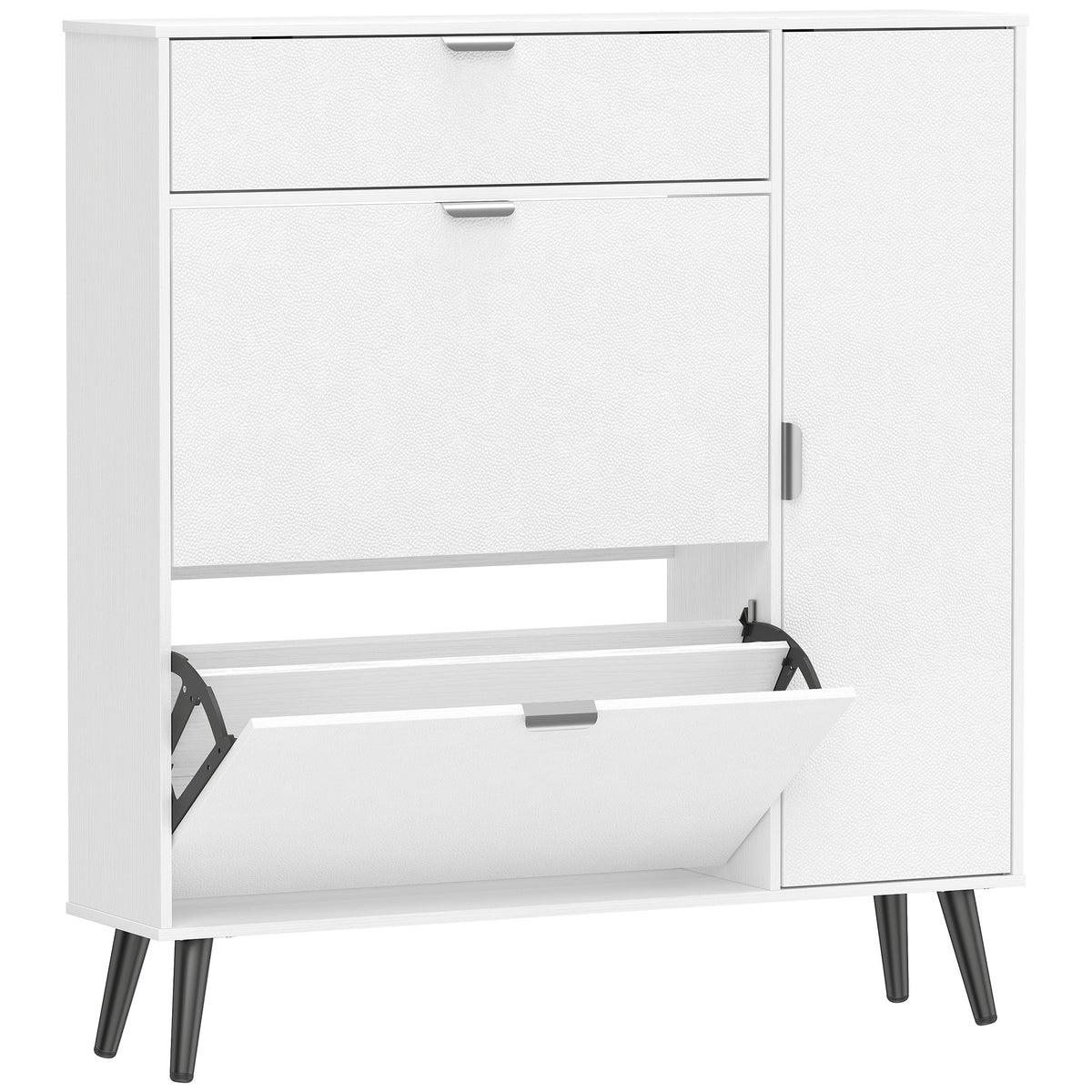 Narrow shoe cabinet with 2 tilt-out compartments, shoe cabinet with lychee leather-effect doors and adjustable
