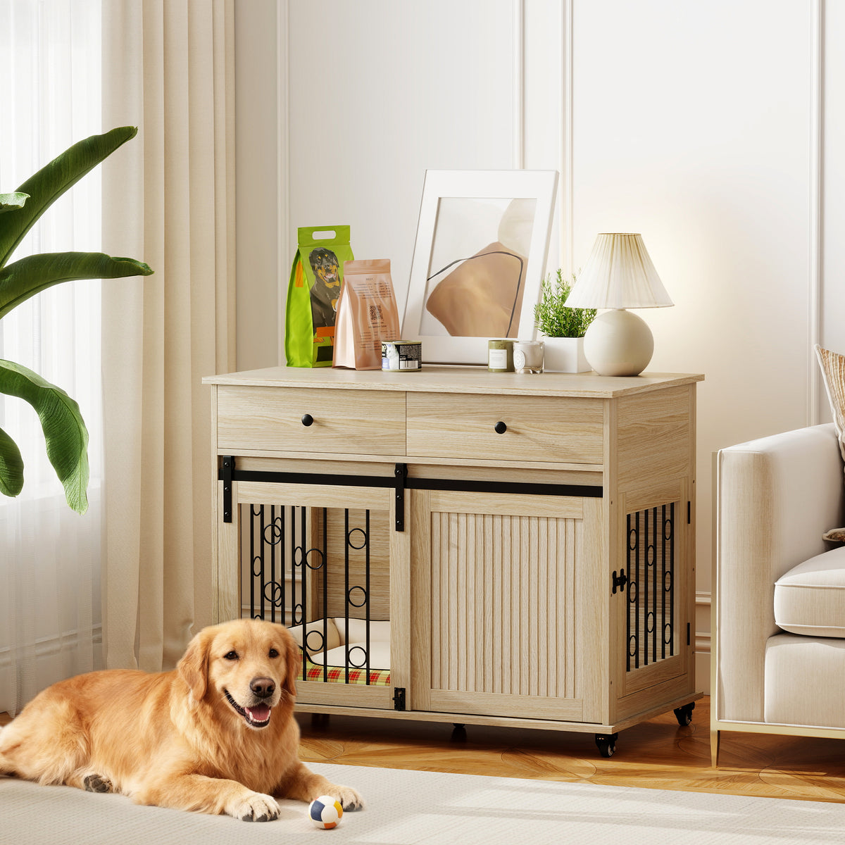 Dog crate on wheels, 2 doors, 2 drawers, for medium and large dogs, wood, steel (2)
