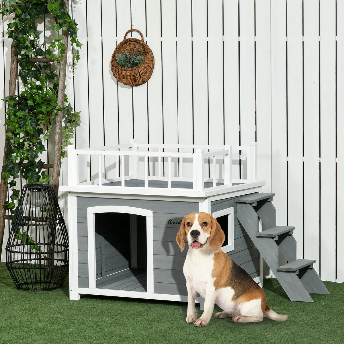 Dog house, roof terrace, stairs, window, raised base, natural wood, light grey, 121 x 77 x 78cm (2)