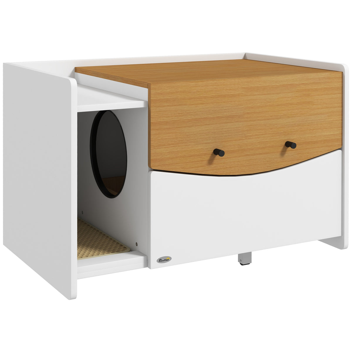Cat litter box, pull-out, cabinet design, litter compartment, 78x50x51cm, oak/white