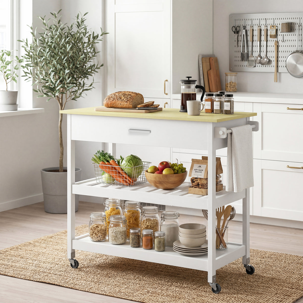 Kitchen trolley with storage, rolling kitchen island with large countertop, drawer, 2 open shelves, towel holder (2)