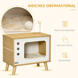TV-design cat cave incl. toy, washable cushion, 50 cm x 28 cm x 43 cm, oak + beige + white (5)