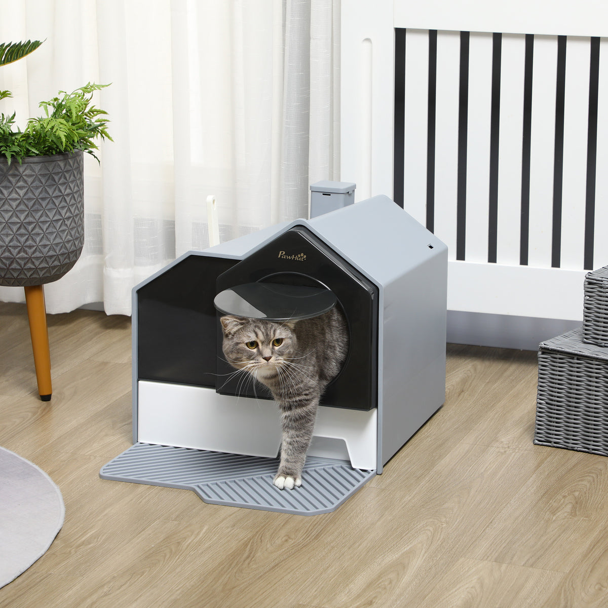 Cat litter box in a cute design, 1 litter mat, 1 litter scoop, removable base tray, gray (2)