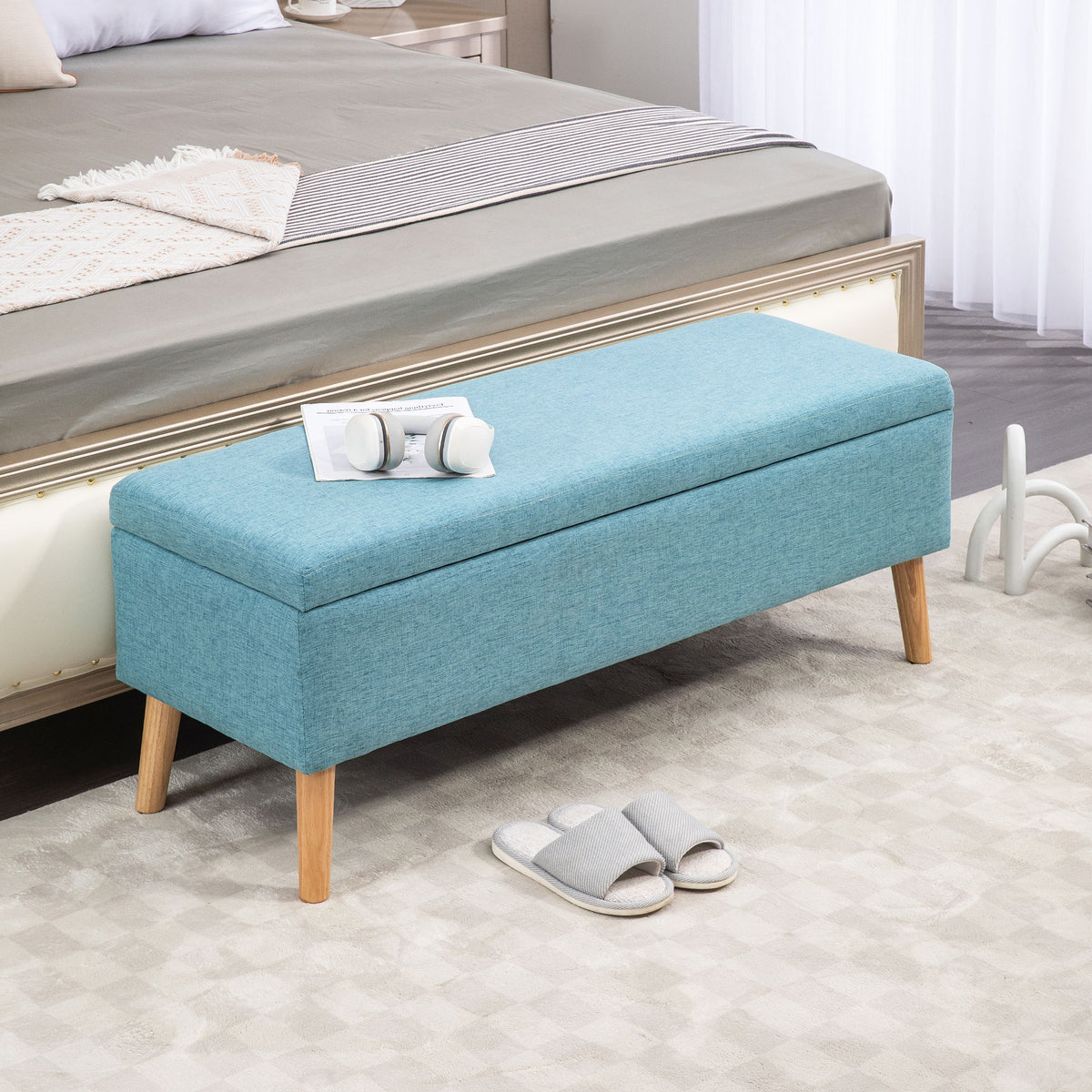 Storage bench, up to 220 kg, linen-look, 110x39x45cm, blue (2)