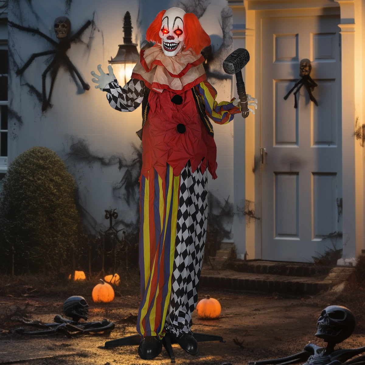 Creepy clown, Halloween animatronic, 173 cm, glowing eyes, sound-activated, moving arms and head (2)