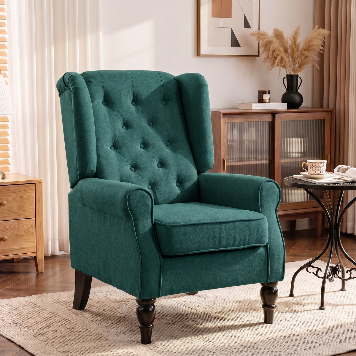 Elegant wingback chair, thickly upholstered, removable cover, 74 x 86 x 102 cm, dark green (2)