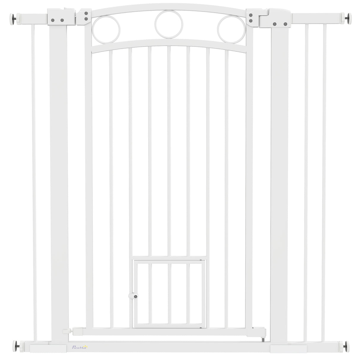 106 cm high pet gate with adjustable width, integrated cat door, for stairs and door frames, white