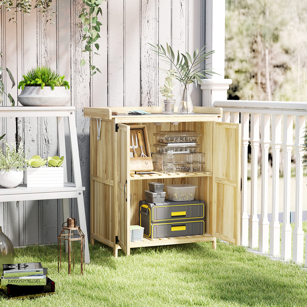 Garden cabinet, outdoor tool cabinet, with work surface, wood and stainless steel, double doors, natural wood (2)