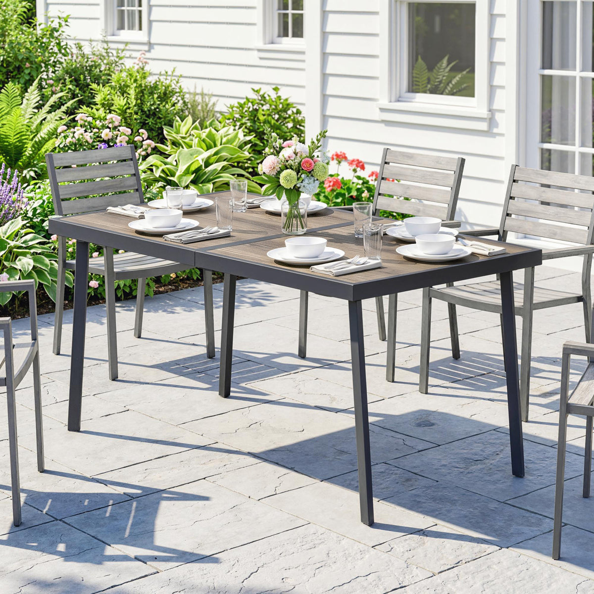 Outdoor table for 6 people, wood look, metal frame, weatherproof, 145 x 85 x 72 cm, grey (2)