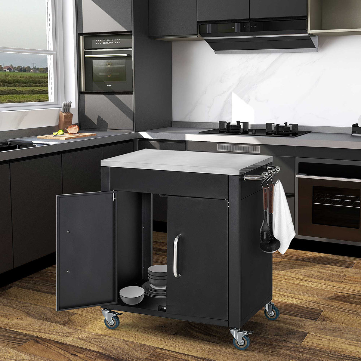 Kitchen cart with wheels, serving trolley, rolling cart with cabinet, hooks and stainless steel handles, kitchen (2)