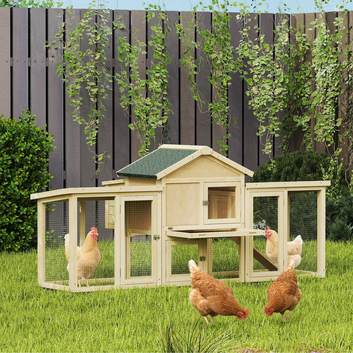 Wooden chicken coop with nesting box, waterproof roof, perch, run, ramp, 204x85x93 cm natural wood (2)