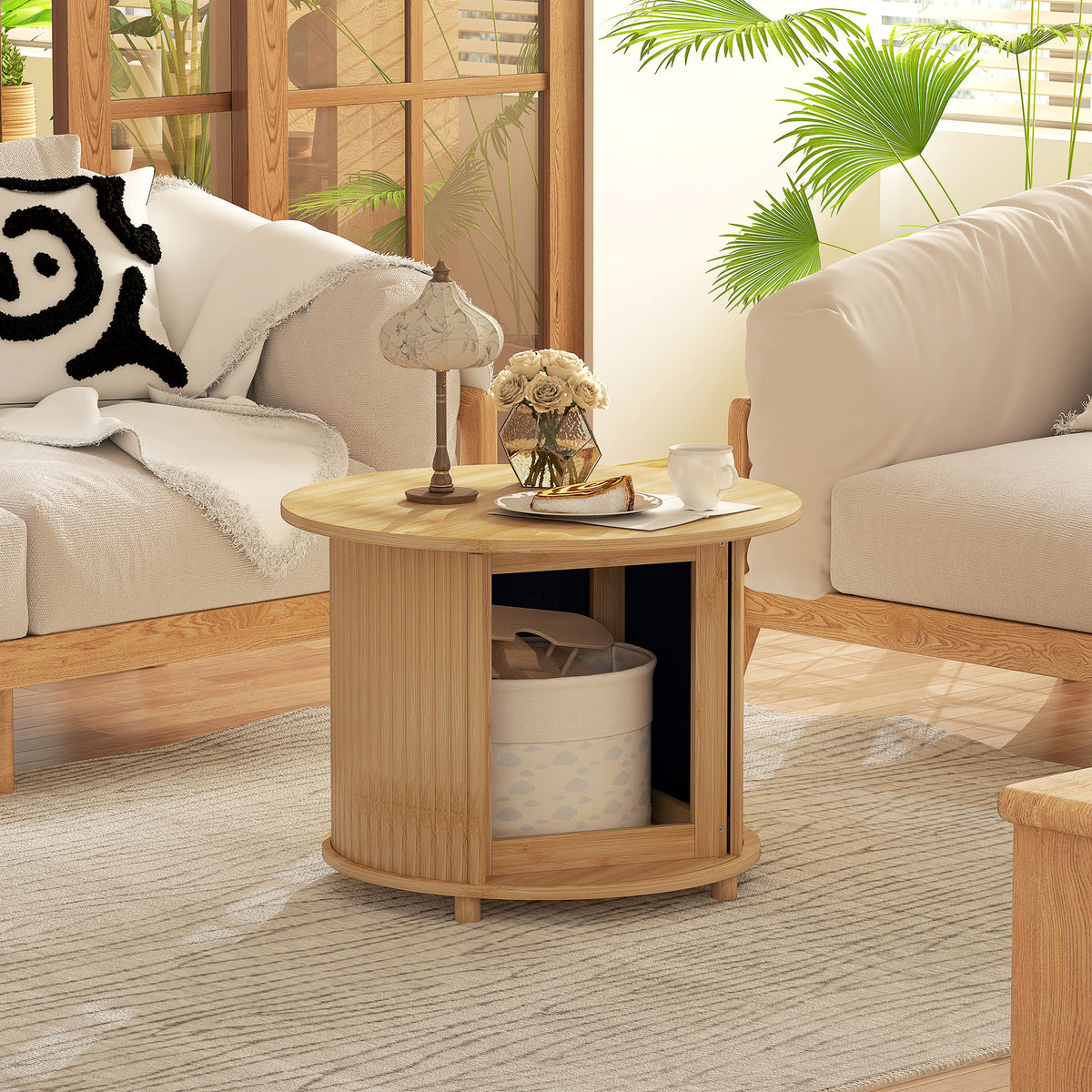 Side table, round, with storage space, sliding door, bamboo, Ø60 x 45 cm, load capacity up to 20 kg (2)