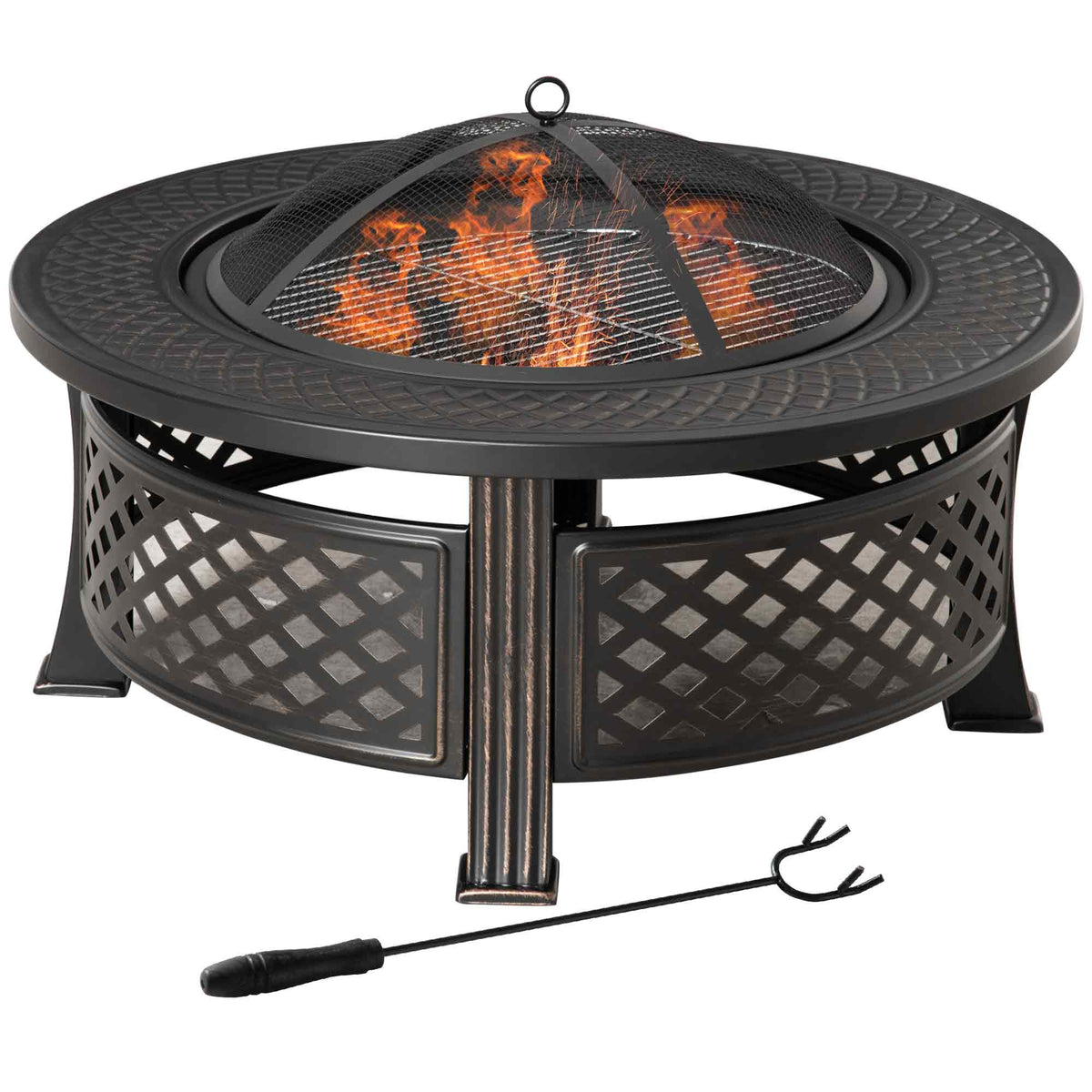 Fire pit with poker, spark screen, fire basket, round fire table, fireplace for garden, camping, BBQ, steel