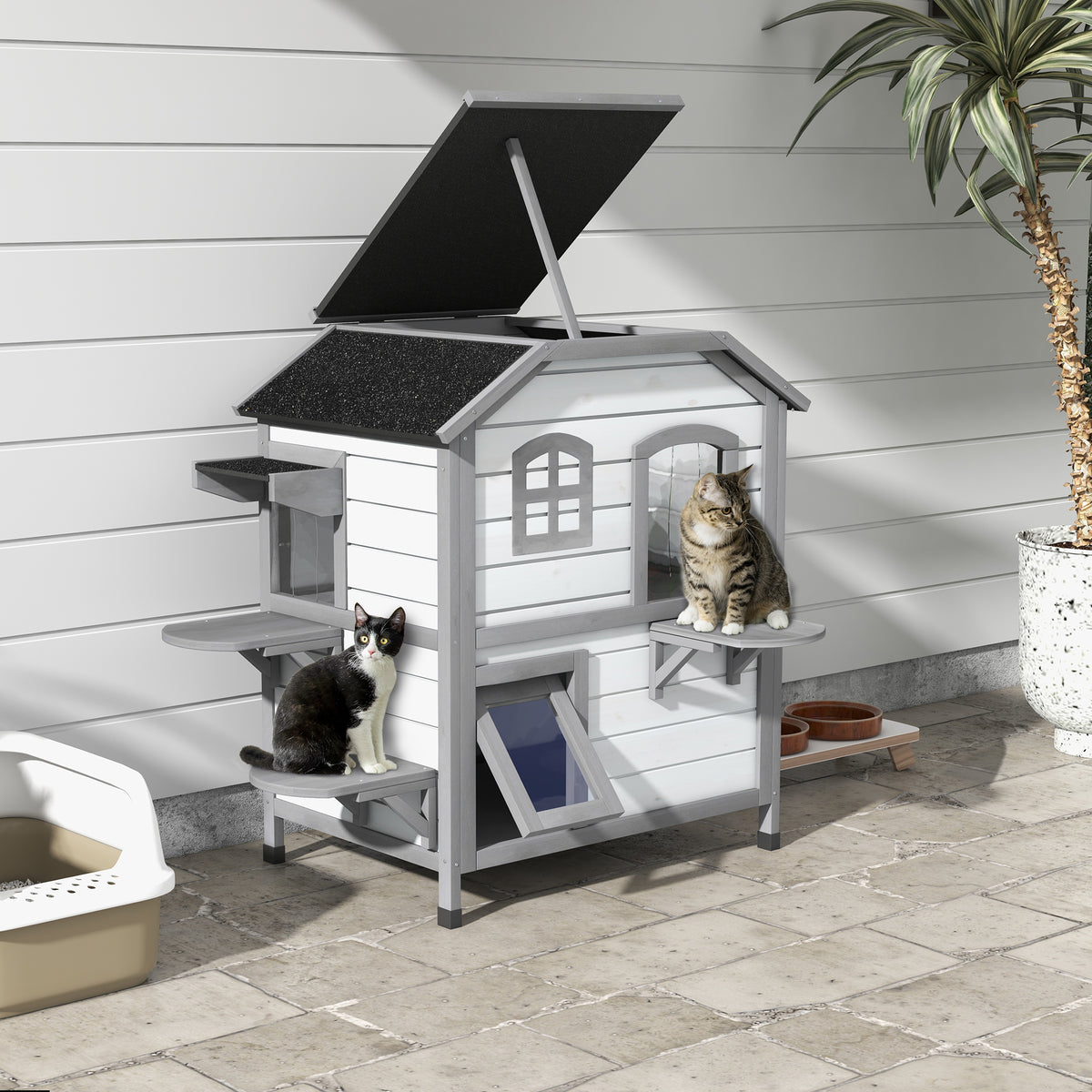 Cat house cat hut cat cave, 2 stories, weather-resistant, 99.5 cm x 76 cm x 91 cm, white + gray (2)