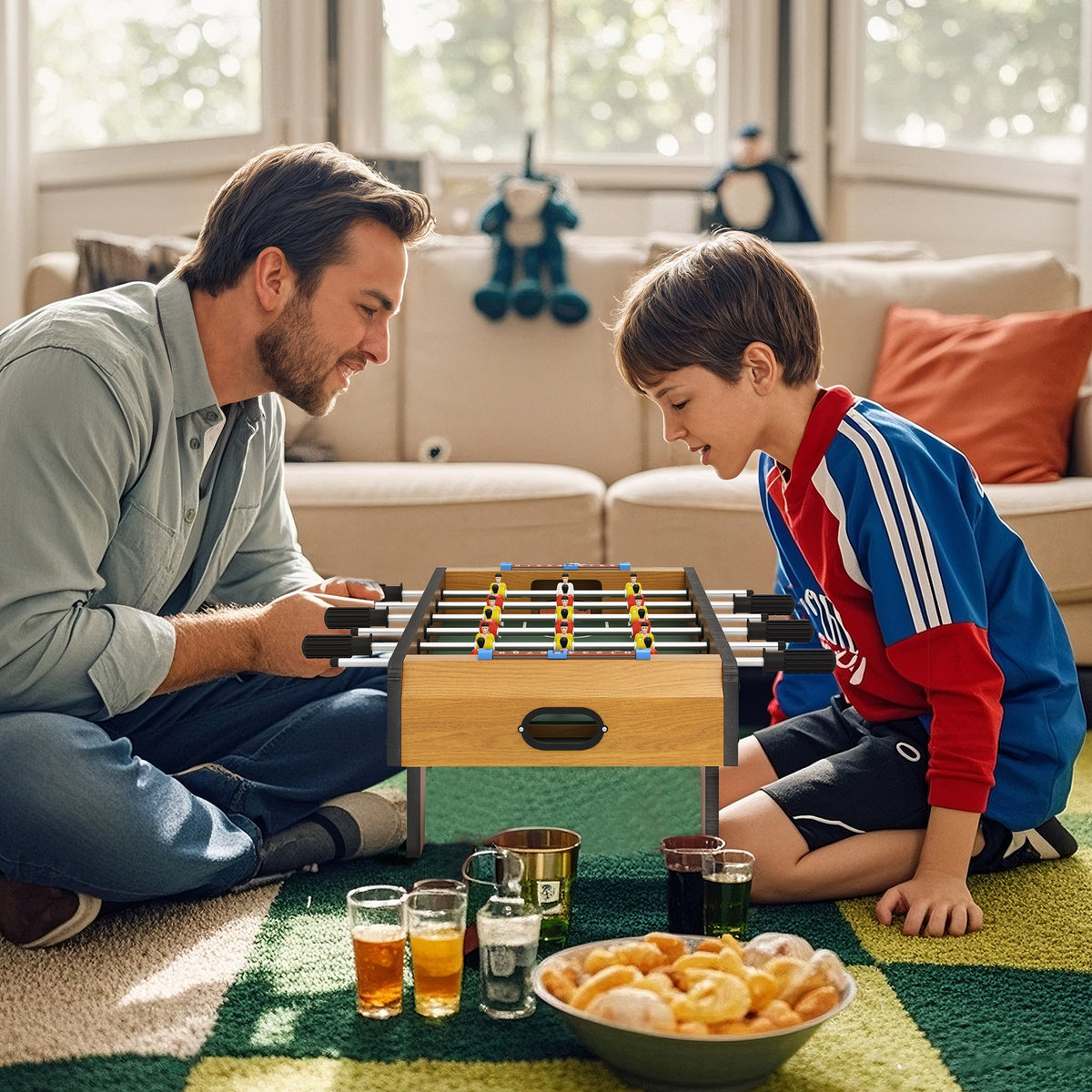 Foosball set, foosball table, compact wood structure, 2 balls, scoreboards, brown (2)