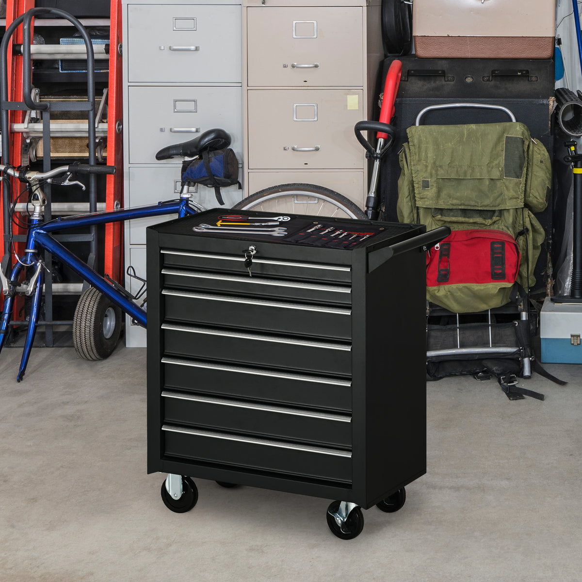 Tool trolley, 2 small & 5 large drawers, steel, up to 150 kg, 69 x 33 x 75 cm, red (2)