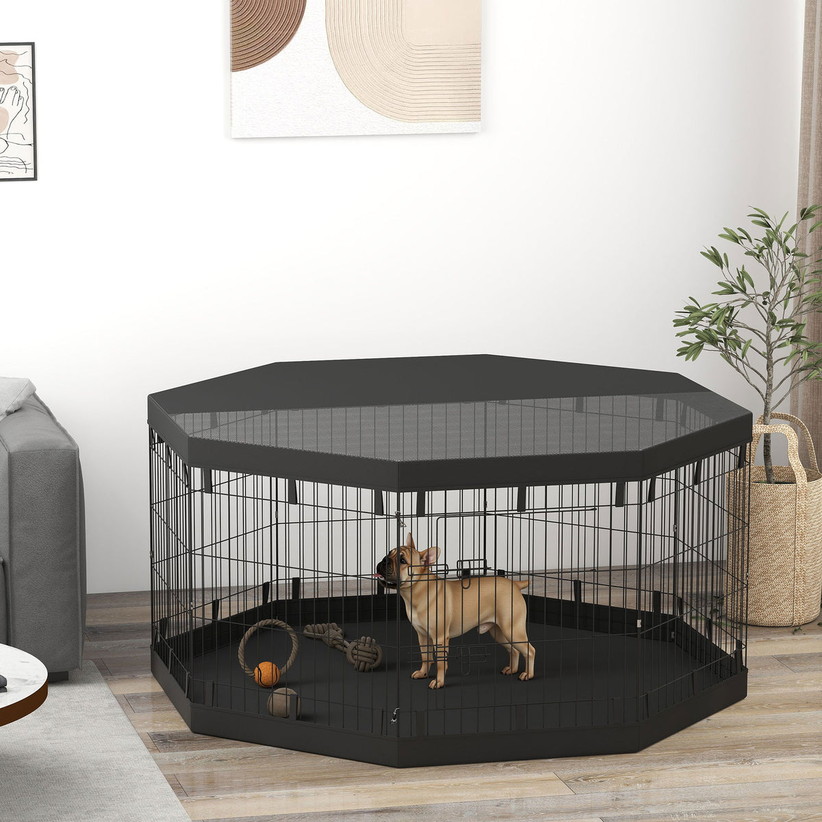 Puppy playpen, 76 cm high/approx. 2.5 m², 8 panels, floor mat, combination roof cover (2)