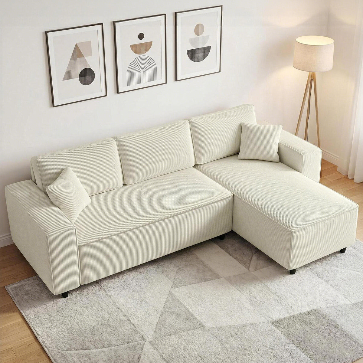 3-seater sofa with chaise longue, living room couch with corduroy cover, 2 extra cushions, upholstered sofa (2)