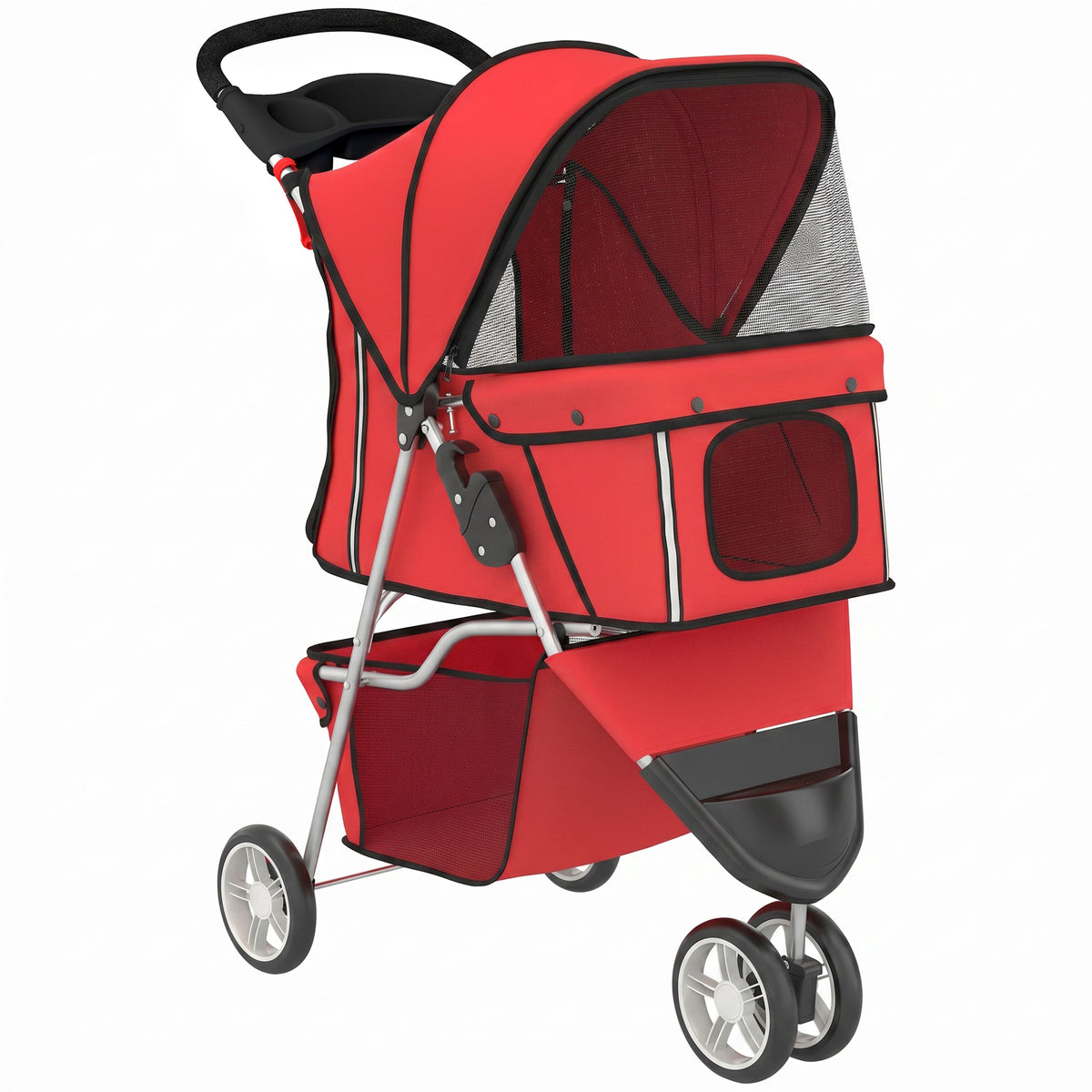 Foldable Dog Stroller Pet Buggy with Storage Basket, Cushion, Mesh Windows, and Cup Holder for Small Dogs up to