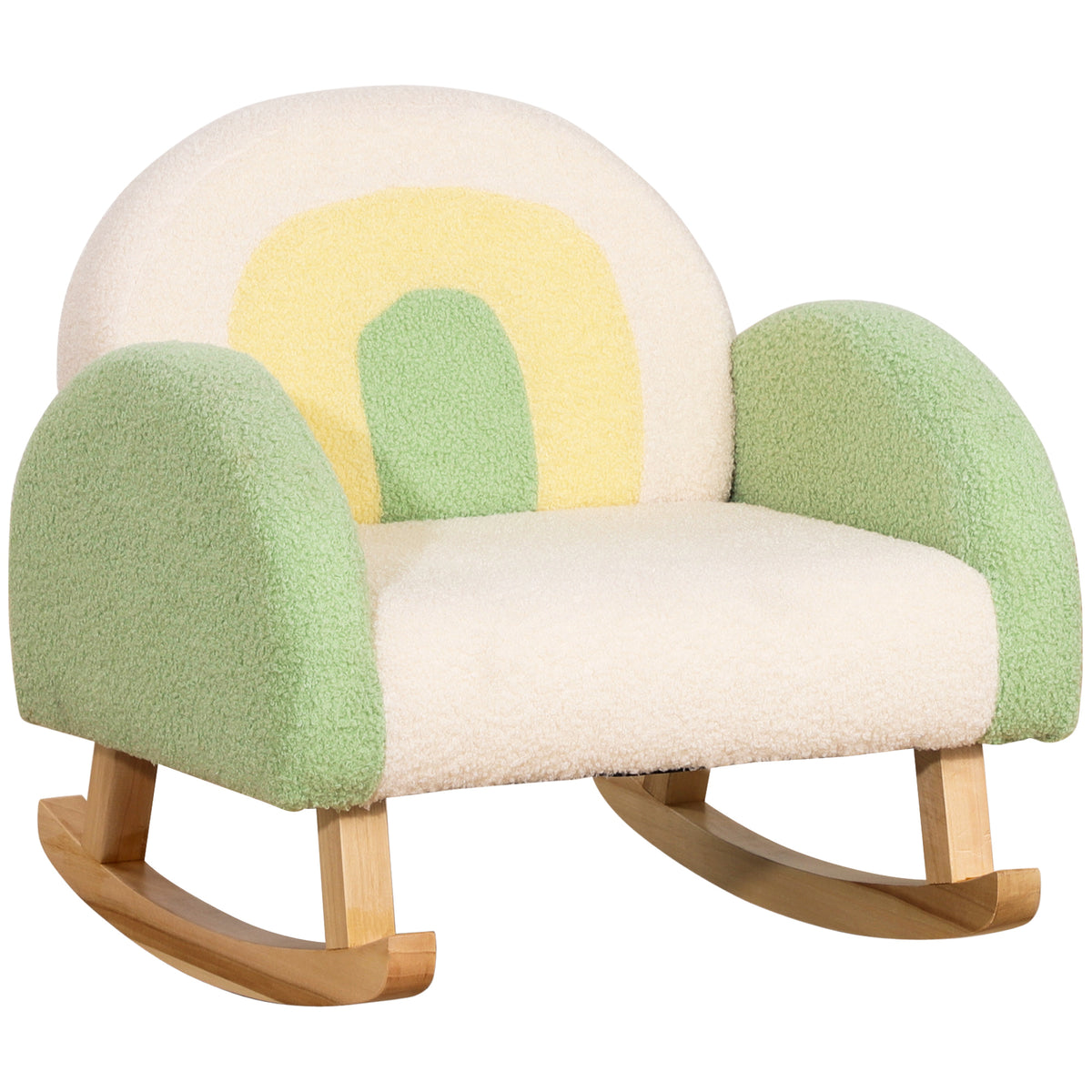 Rocking chair for toddlers, cute design, faux sheepskin, eucalyptus wood, green + yellow beige