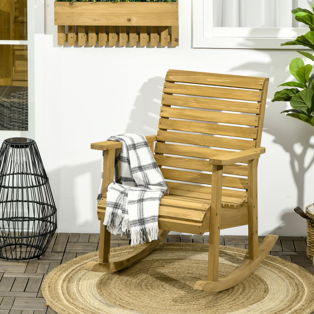 Garden chair, rocking function, wide seat and backrest, natural wood, 64 x 86 x 85 cm (2)