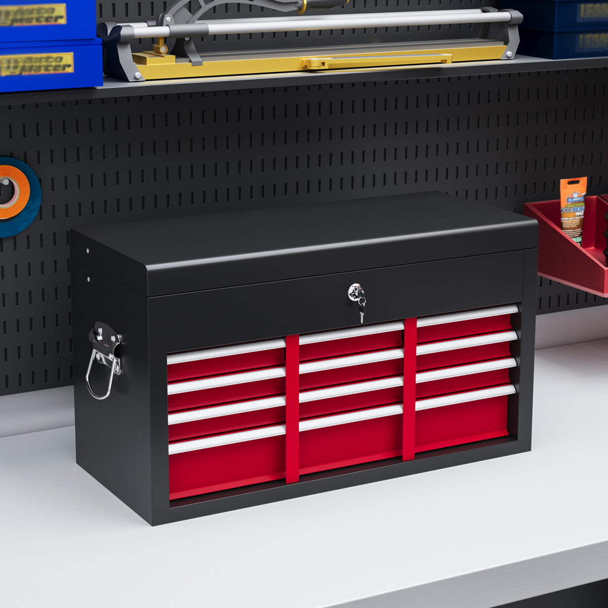 Toolbox, lockable, 3 drawers, steel housing, 60x26x34cm, red+black (2)