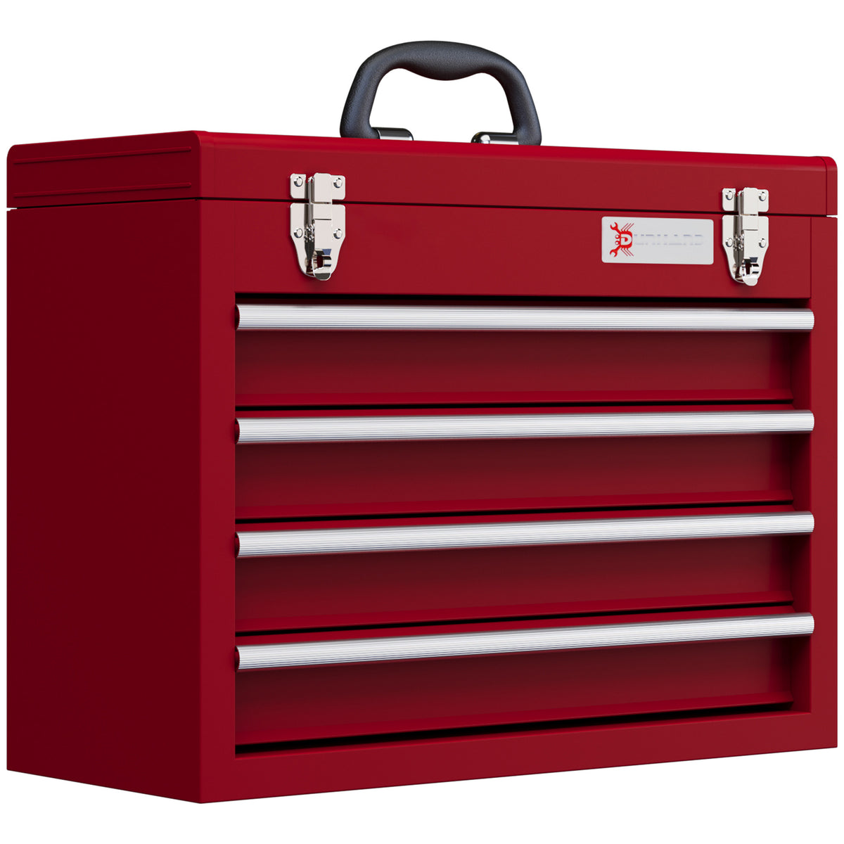 Toolbox with 4 drawers, top storage compartment, steel latches, carrying handle, 51x22x39.5 cm, red