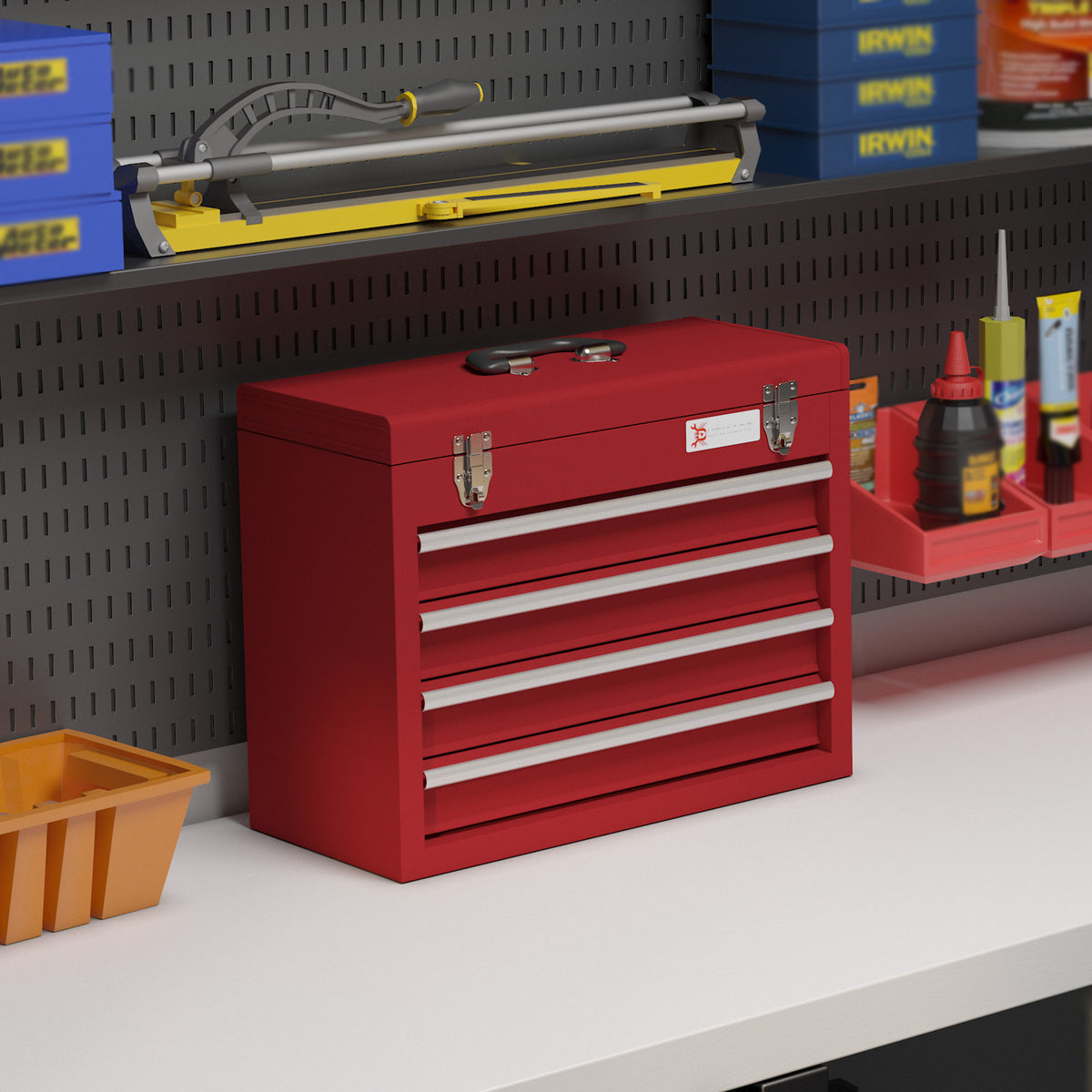 Toolbox with 4 drawers, top storage compartment, steel latches, carrying handle, 51x22x39.5 cm, red (2)