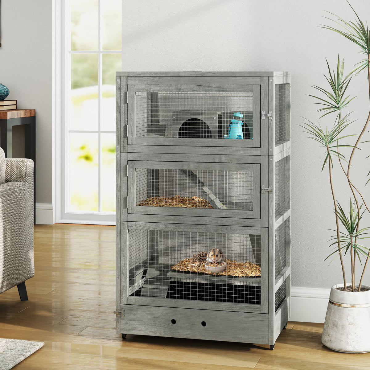 4-tier wooden hamster cage, with huts, seesaw, feeding bowls, ramps, castors, 65 x 45 x 109 cm, grey (2)