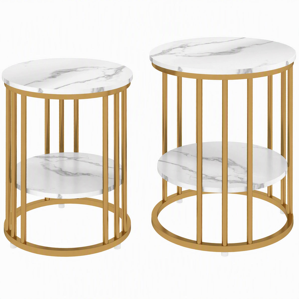 Round side table set of 2, marble-look coffee tables with open storage and metal frame