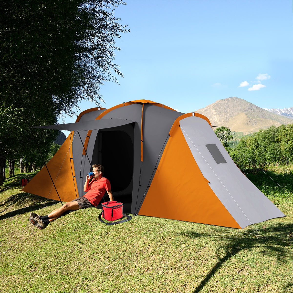 Tunnel tent, 2000mm water-resistant camping tent for 4 people, with 2 bedrooms, living area, carrying bag (2)
