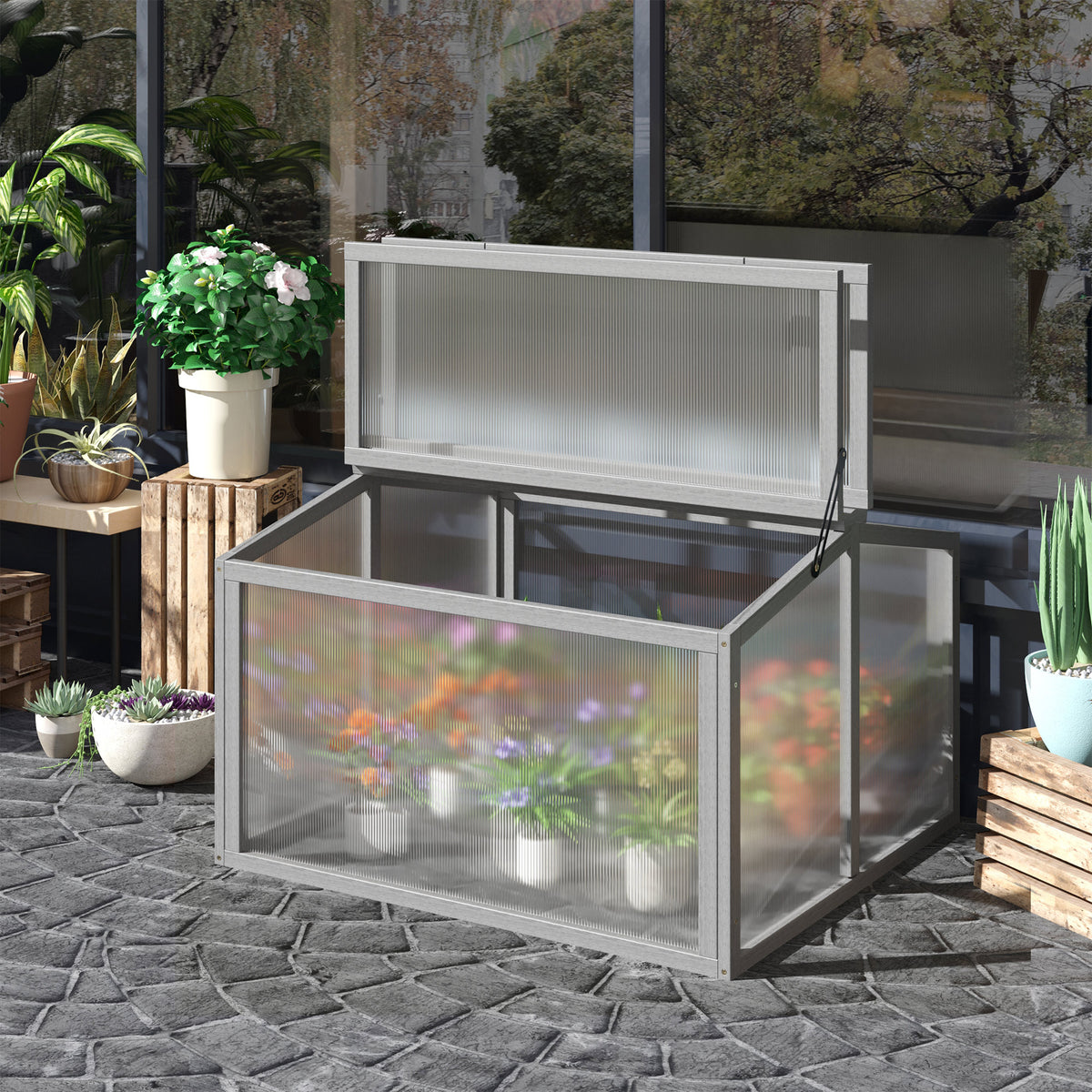 Cold Frame Greenhouse Plant Bed with Wooden and Polycarbonate Cover, Weatherproof, Light Grey, 90 x 80 x 58 cm (2)