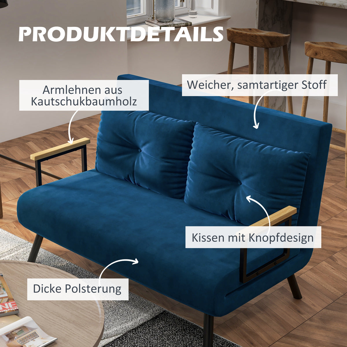 Sofa bed 2-seater velvet sofa, sleeping function, incl. 2 cushions, velvet look, natural + blue (6)