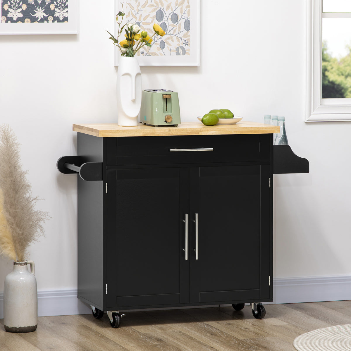 Kitchen Cart Serving Cart Kitchen Island, 1 Spice Rack, 1 Towel Holder, 109 cm x 40 cm x 89 cm, Black (2)