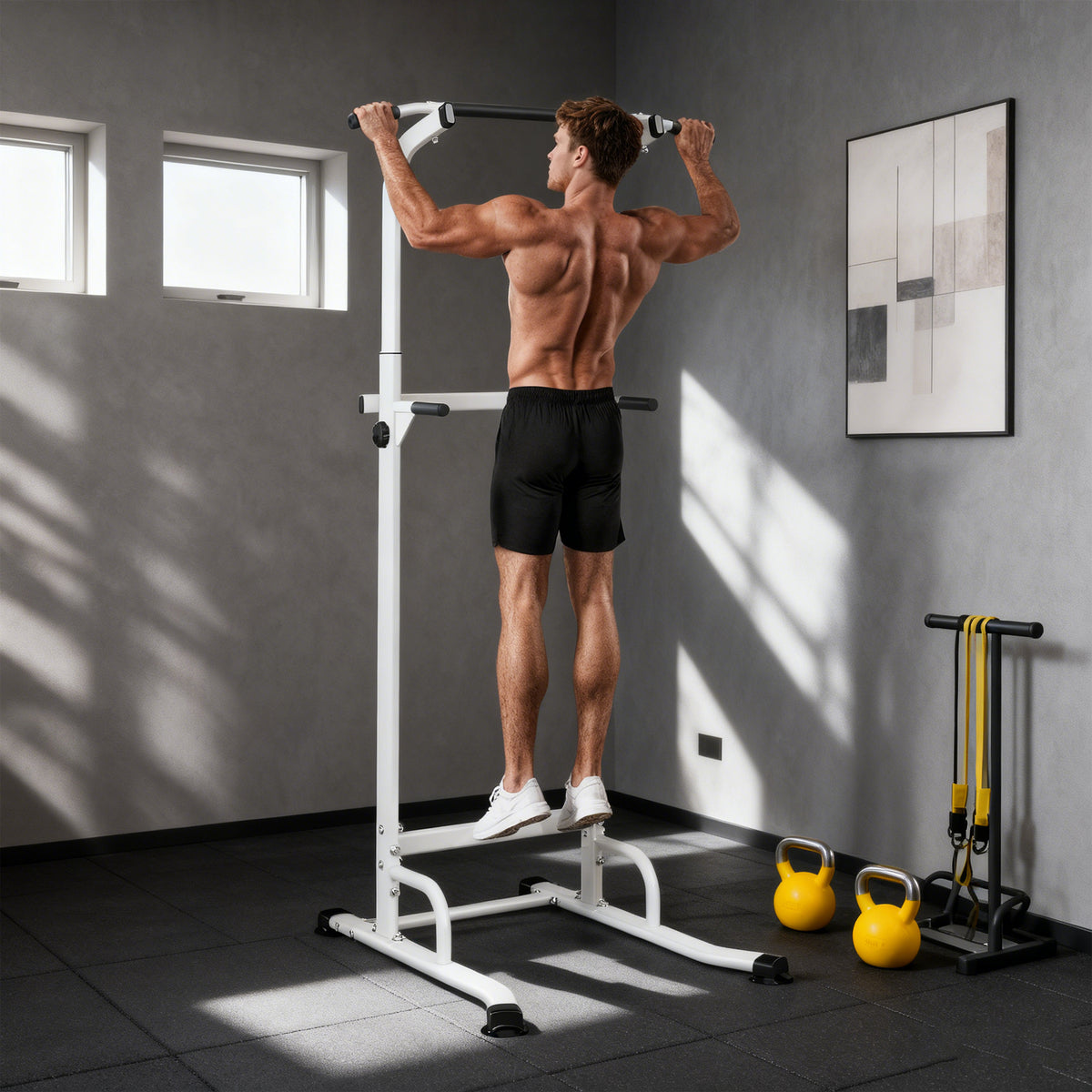Height-adjustable power tower 176.5-227 cm, multifunctional dip station with steel frame, 120 kg load capacity (2)