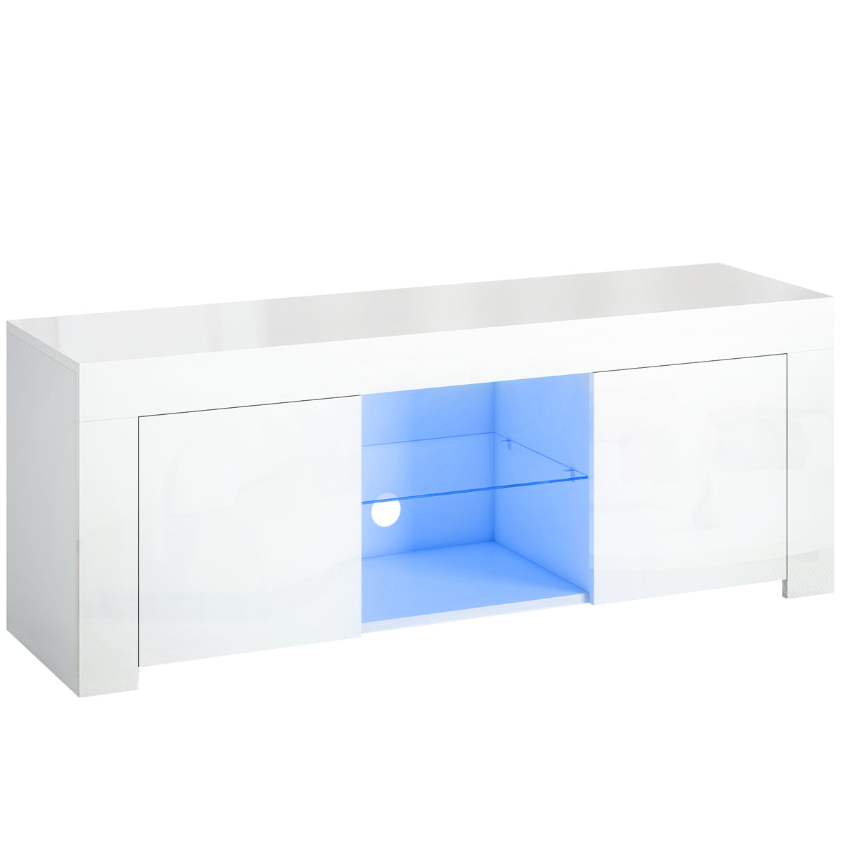 TV cabinet with LED lighting, 2 cabinet doors, glass shelf, cable holes, for living room, chipboard, white