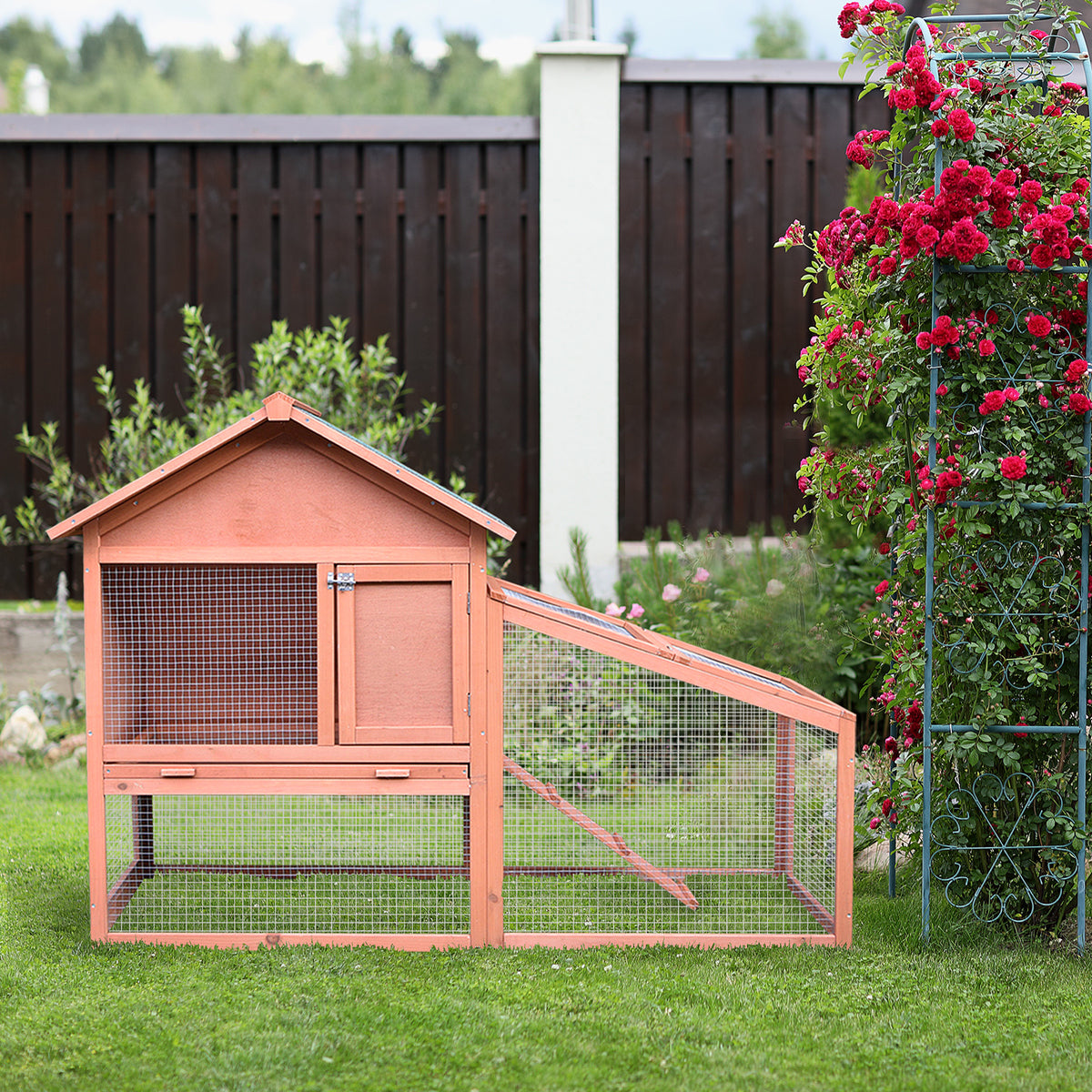 Two-tier wooden rabbit hutch with ramp 144x64.5x100 cm, rabbit hutch with water-repellent bitumen roof (2)